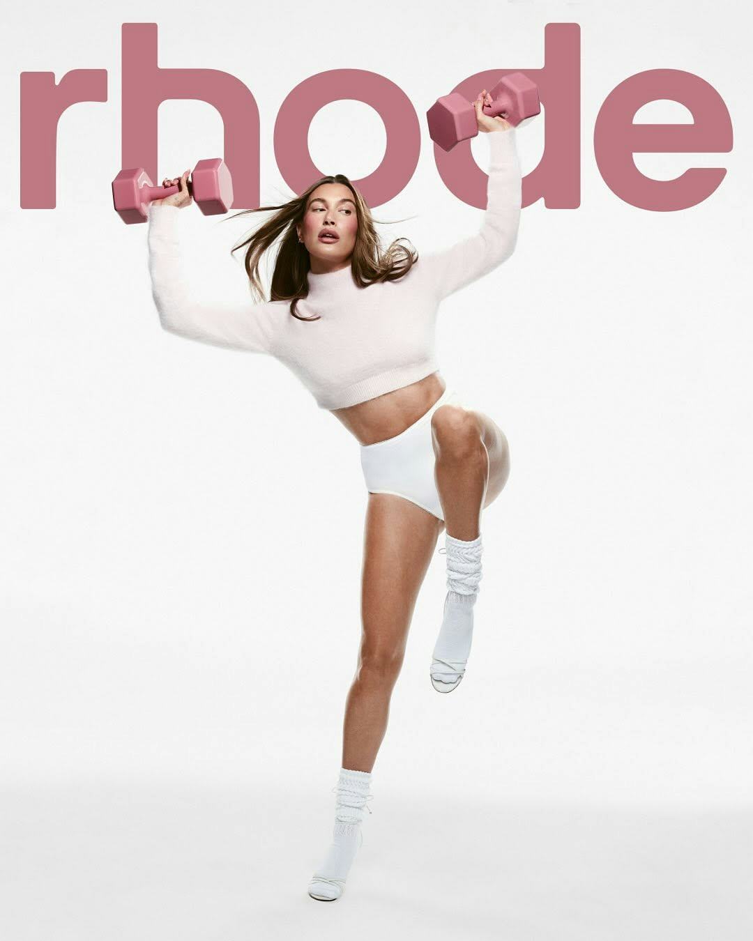 Hailey Bieber wears a fuzzy sweater and underwear.