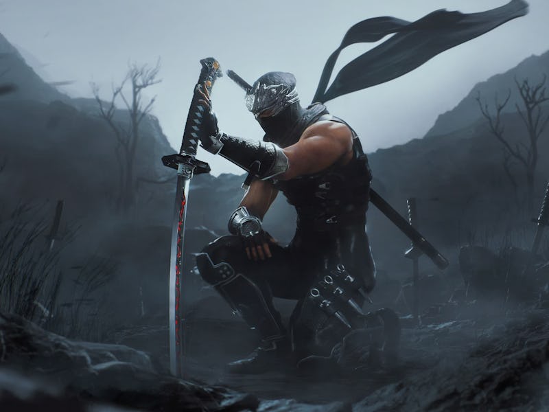 Ryu Hayabusa kneels with the Dragon Sword