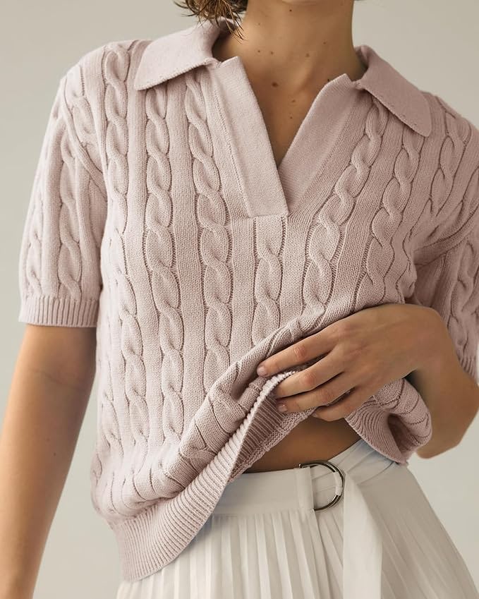 Imily Bela Short Sleeve Cable Knit V-Neck Sweater