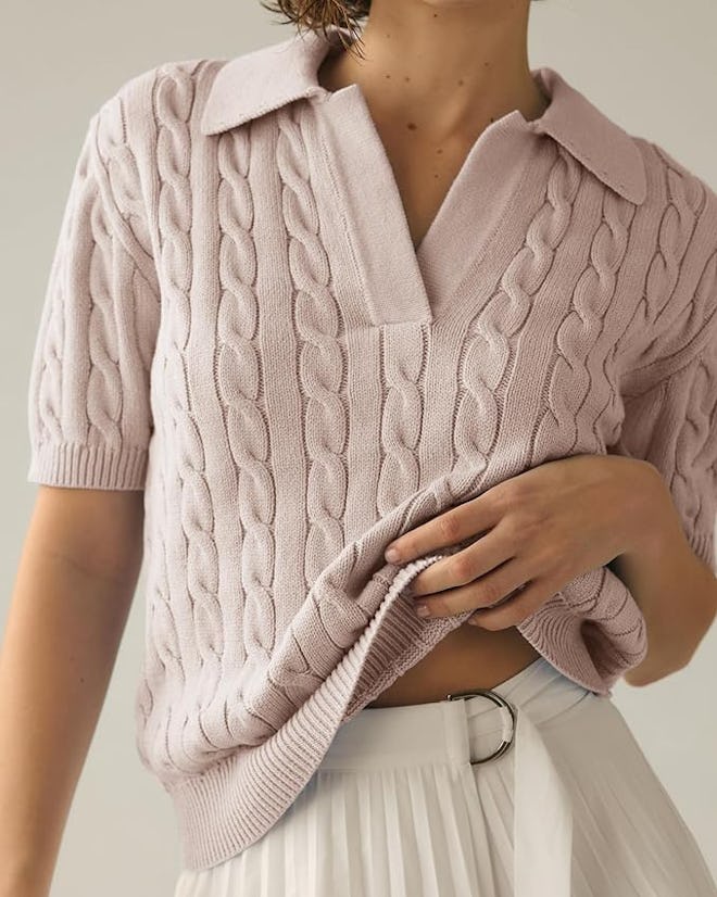 Imily Bela Short Sleeve Cable Knit V-Neck Sweater