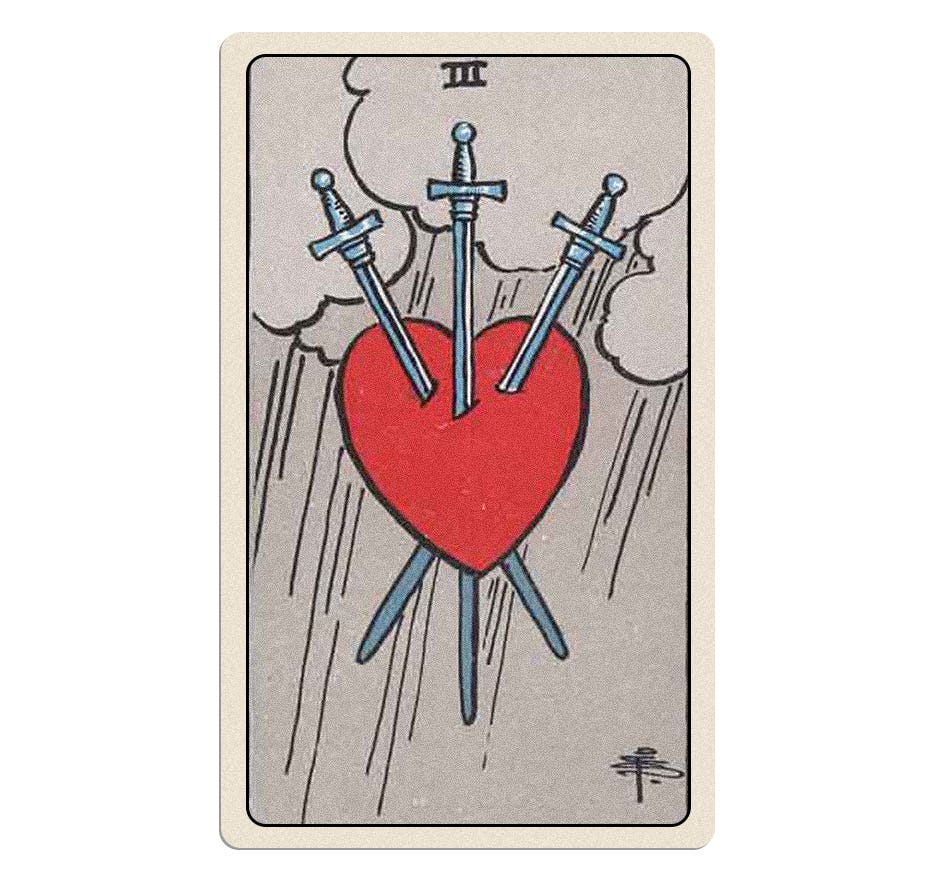 Your tarot card for Wednesday, January 29, 2025 is the Three of Swords.