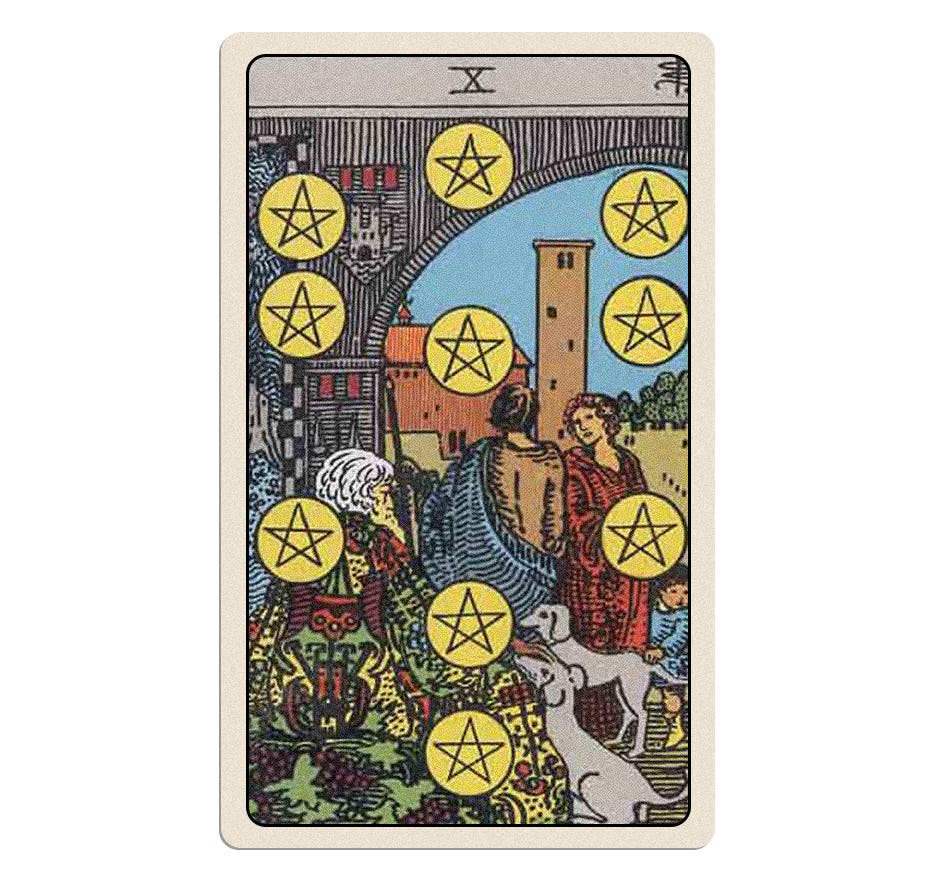 Your February 2025 tarot reading includes the minor arcana card Ten Of Pentacles.