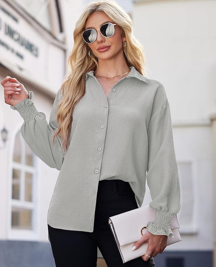 Gleeivy Button Down Shirts Puff Sleeve Oversized Blouse