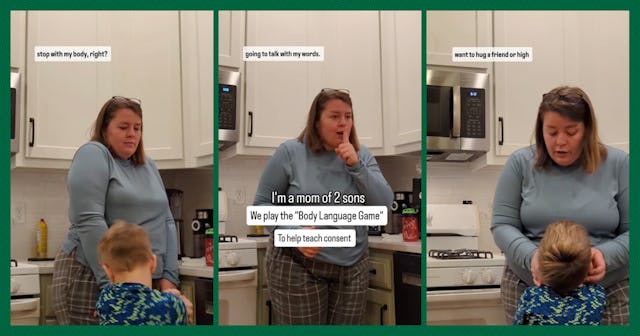 A woman talks to her son in a kitchen about body language and consent. Text highlights conversations...