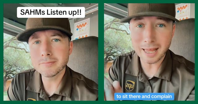 A man in a brown uniform with a cap speaks directly into the camera. Text overlays read “SAHMs Liste...