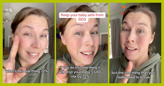 A woman in three images shares tips on reducing SIDS risk. She gestures while explaining a key actio...