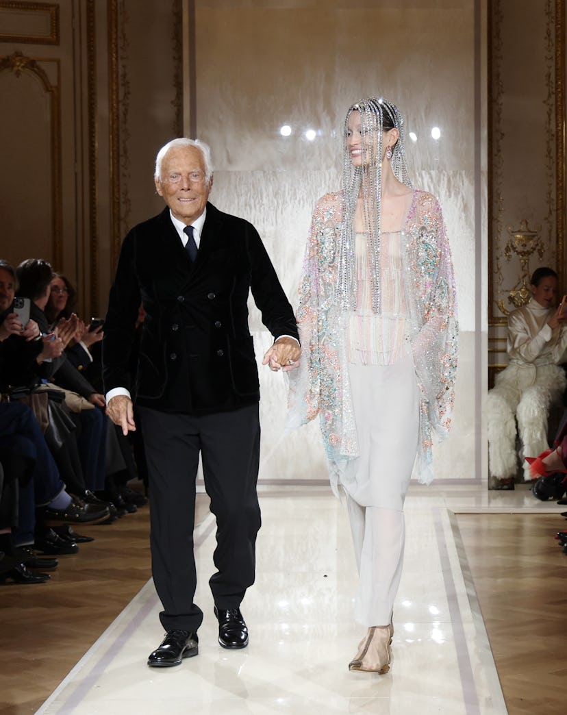 Giorgio Armani and couture bride model at Armani Privé show spring 2025