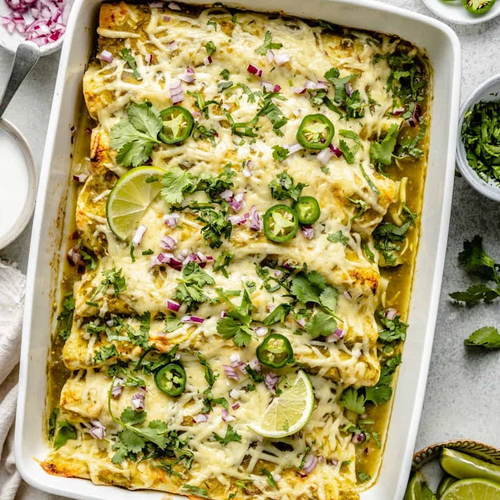 Green chicken enchiladas, an easy rotisserie chicken recipe or leftover chicken recipe.