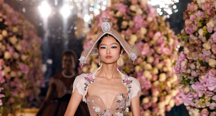 A model walks the runway during the Miss Sohee Haute Couture Spring-Summer 2025 show as part of Pari...