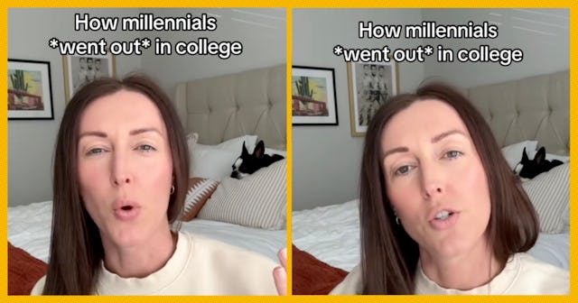 A woman with long brown hair speaks directly to the camera, discussing how millennials experienced c...