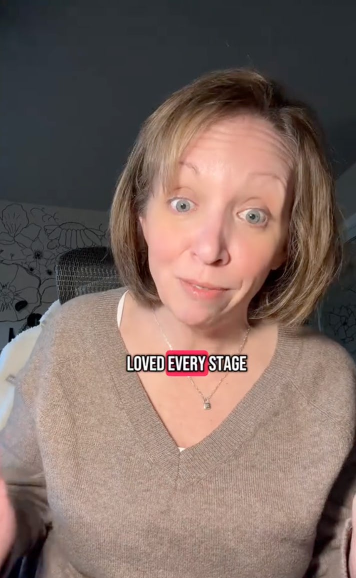 A woman with shoulder-length hair and a light brown sweater gestures while speaking. The text "LOVED EVERY STAGE" is prominently displayed on the image.