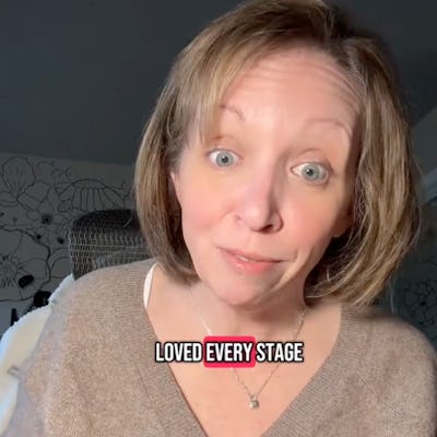 A woman with shoulder-length hair and a light brown sweater gestures while speaking. The text "LOVED EVERY STAGE" is prominently displayed on the image.