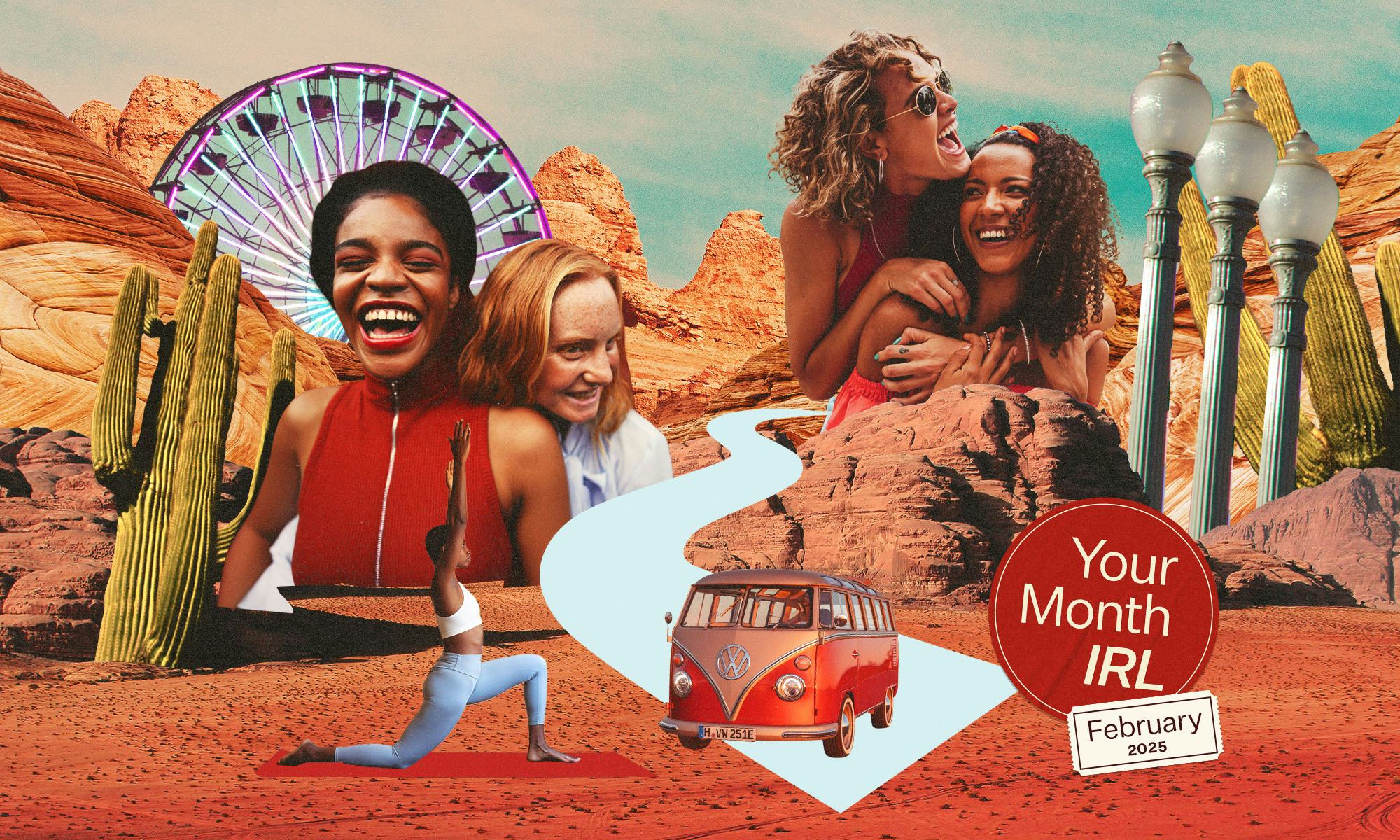 A collage of women enjoying time outside, with a graphic that reads: "Your Month IRL: February 2025....