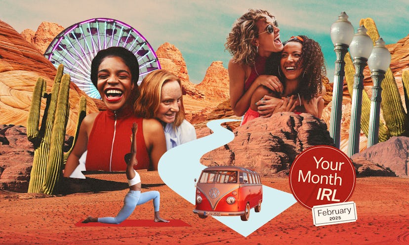 A collage of women enjoying time outside, with a graphic that reads: "Your Month IRL: February 2025....