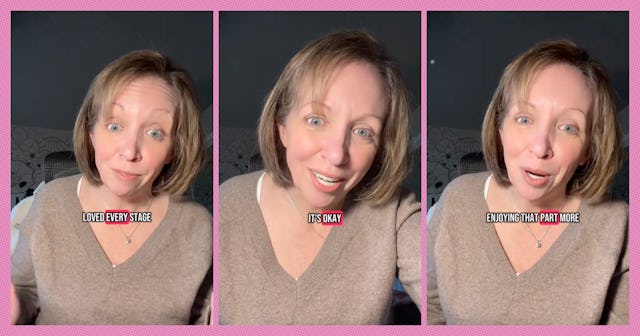 A woman with short blonde hair is speaking in three expressive frames against a pink background, emp...