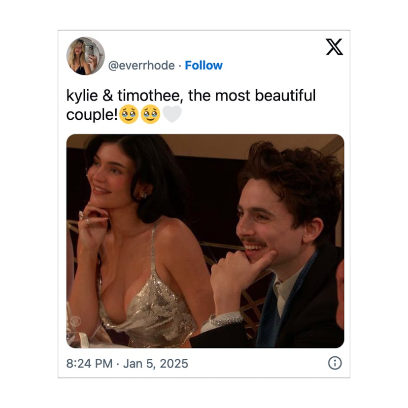 Kylie Jenner and Timothee Chalamet at the 2025 Golden Globes. Screenshot via X
