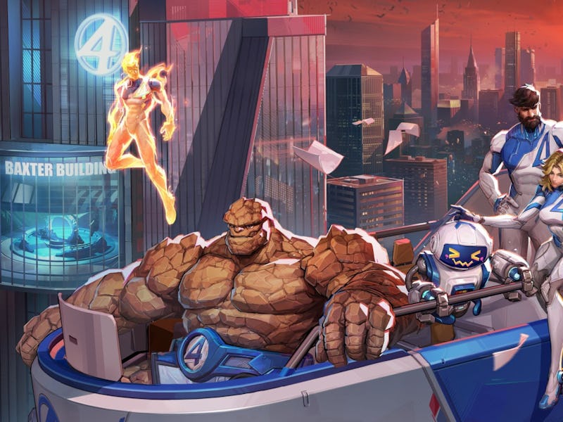 A group of four superheroes sits in a futuristic vehicle overlooking a cityscape. They are posed dyn...