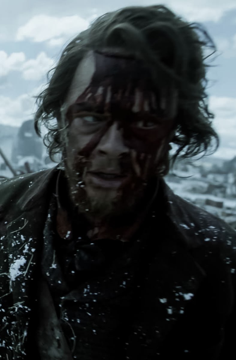 A grim scene depicting a blood-stained man standing amidst a chaotic battlefield with scattered debr...