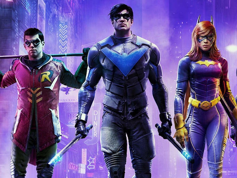 The stars of Gotham Knights, Robin, Nightwing, Batgirl, and Red Hood