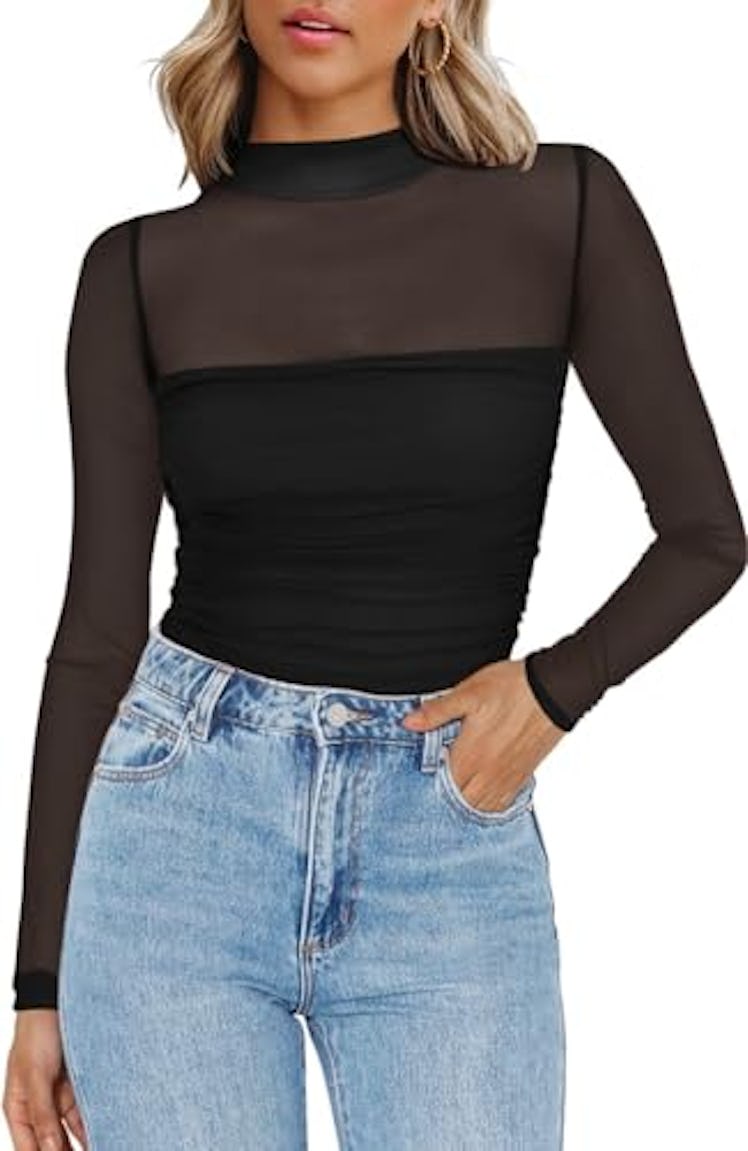 Zeagoo Mesh Mock Neck Long Sleeve Top