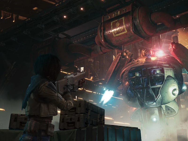 A young character holds a firearm, facing a large, menacing robot in a dimly lit industrial setting ...