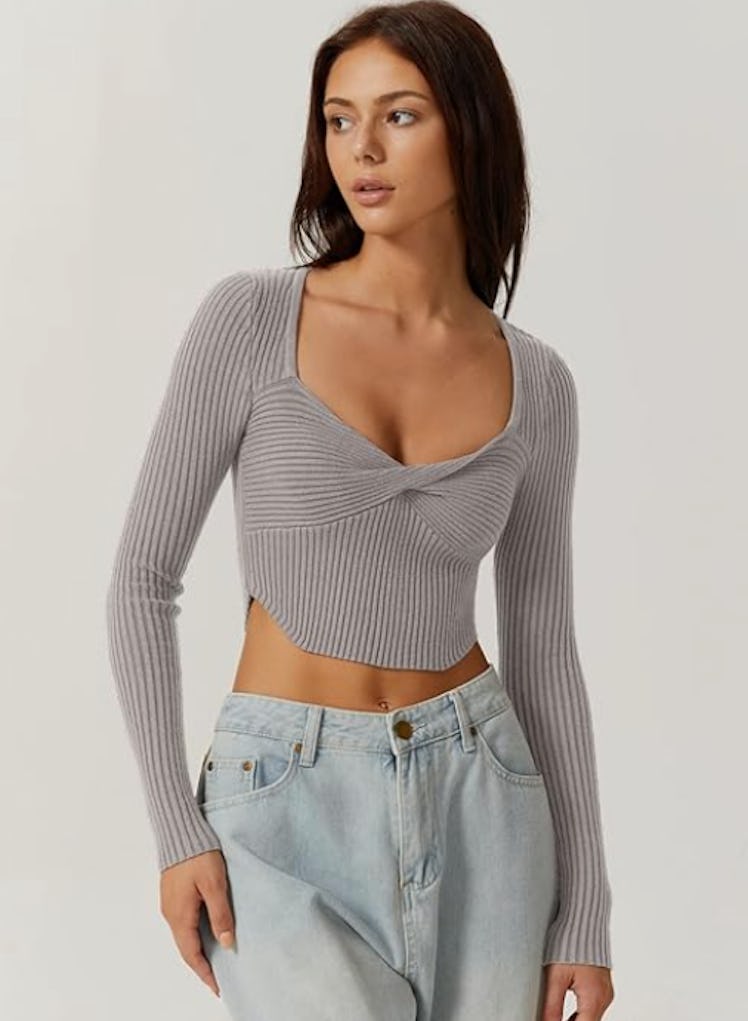 QINSEN Ribbed Knit Cropped Sweater