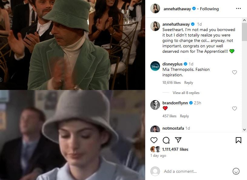 Anne Hathaway compares Jeremy Strong&rsquo;s Golden Globes bucket hat to one from &lsquo;The Princess Diaries.'