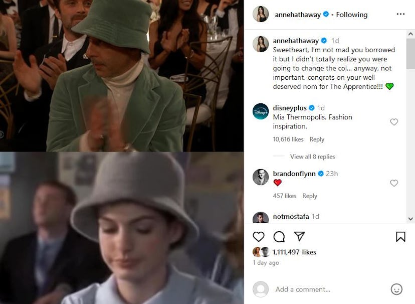 Anne Hathaway compares Jeremy Strong’s Golden Globes bucket hat to one from ‘The Princess Diaries.'