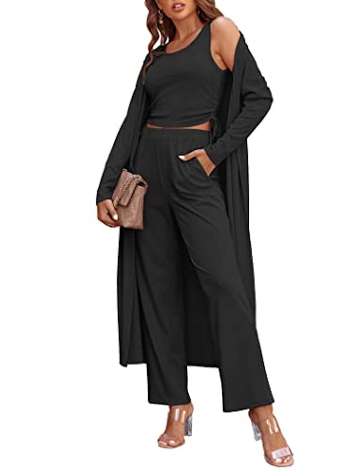 Ekouaer Women's 3 Piece Knit Lounge Set Pajama Long Sleeve Cardigan Sleeveless Top Pants SweatsuitBl...