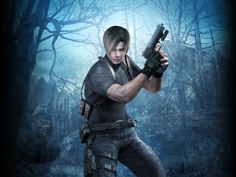 A muscular character in a dark, eerie forest holds a handgun, dressed in a black shirt and tactical ...