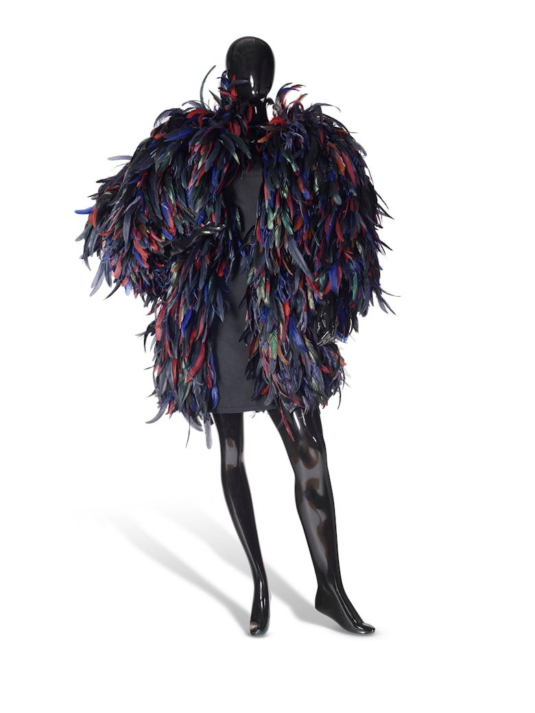 A Dior Haute Couture multicolor feather coat.