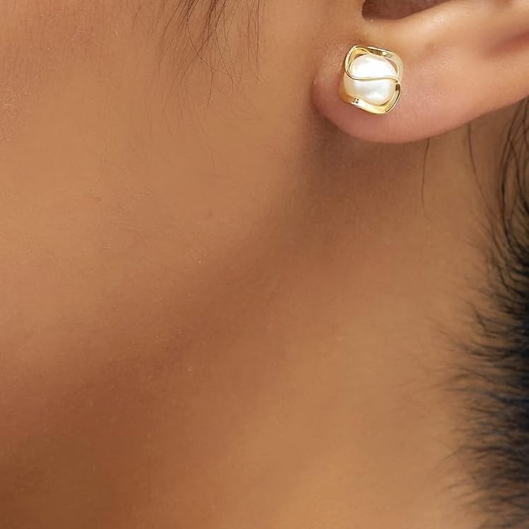 Barzel 18K Gold Plated Caged Pearl Stud Earrings