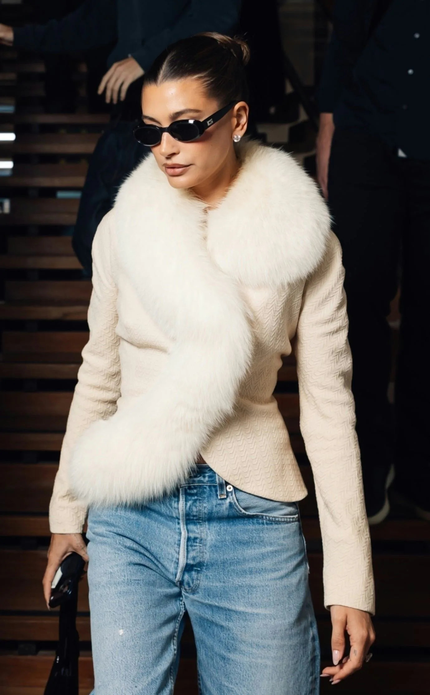 Hailey Bieber Pairs a Vintage Galliano Fur Coat With Casual Blue Jeans
