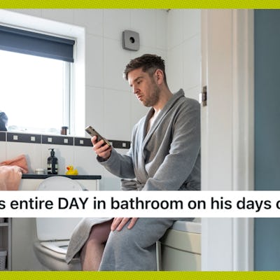 Man in a bathrobe sits on a toilet, looking at his phone. The bathroom has white tiles and a window with a black blind. Text: "Husband spends entire DAY in bathroom on his days off."