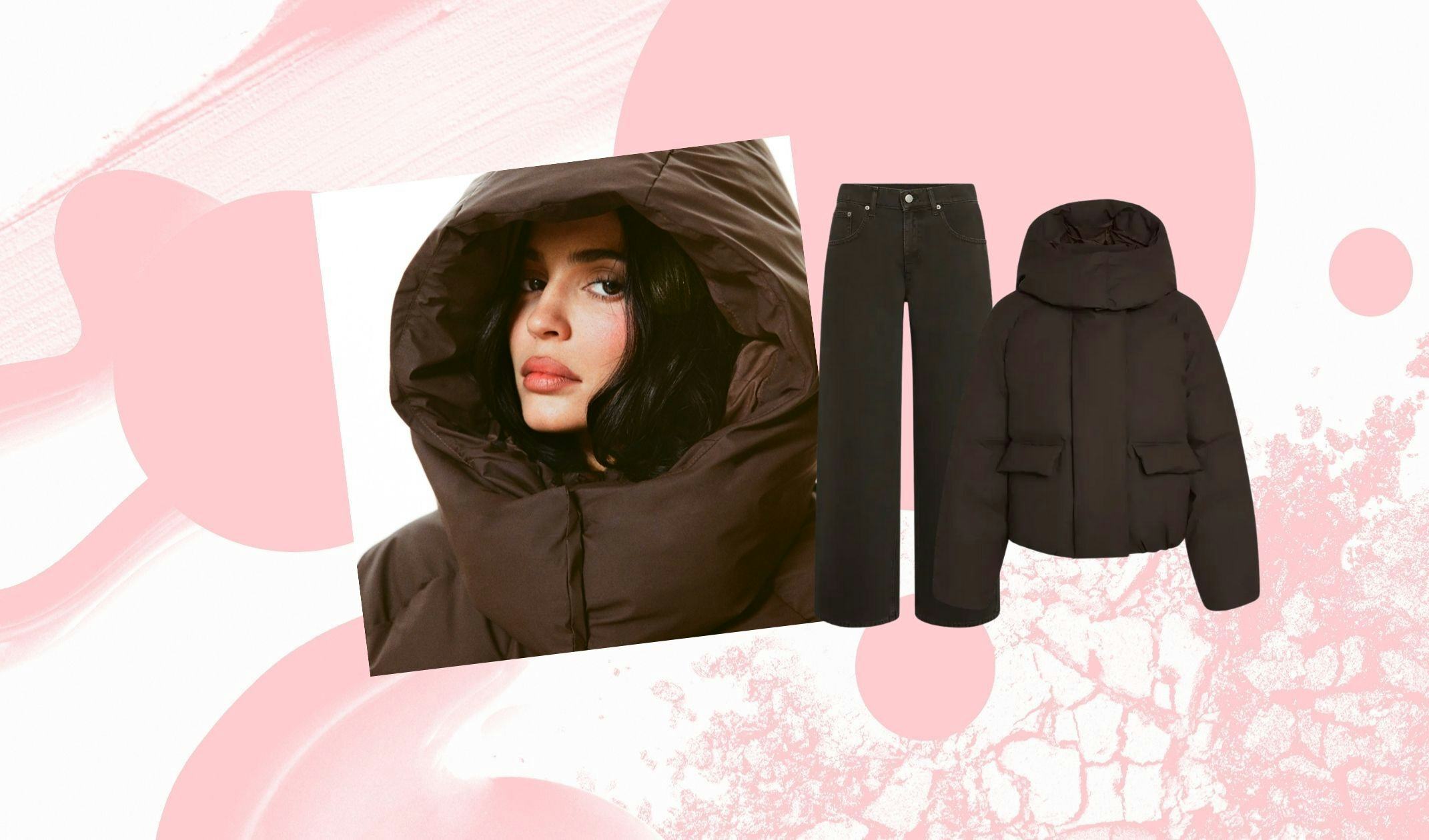 Kylie Jenner wearing the Khy Fall Collection Puffer in Chocolate Brown.