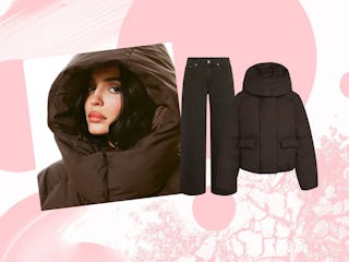 Kylie Jenner wearing the Khy Fall Collection Puffer in Chocolate Brown.