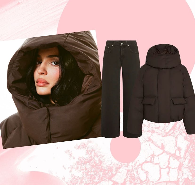 Kylie Jenner wearing the Khy Fall Collection Puffer in Chocolate Brown.