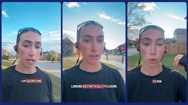 Screen grabs of a woman walking outdoors before a run, speaking to her camera