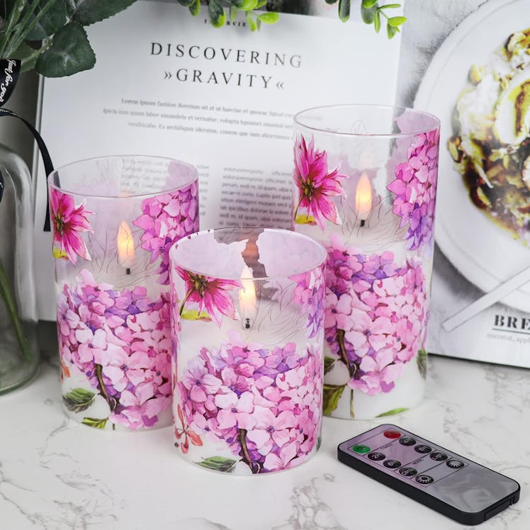 DRomance Pink Hydrangea Glass Flameless Candles (Set of 3)