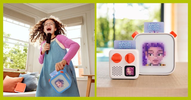 A girl sings along to her Yoto player.