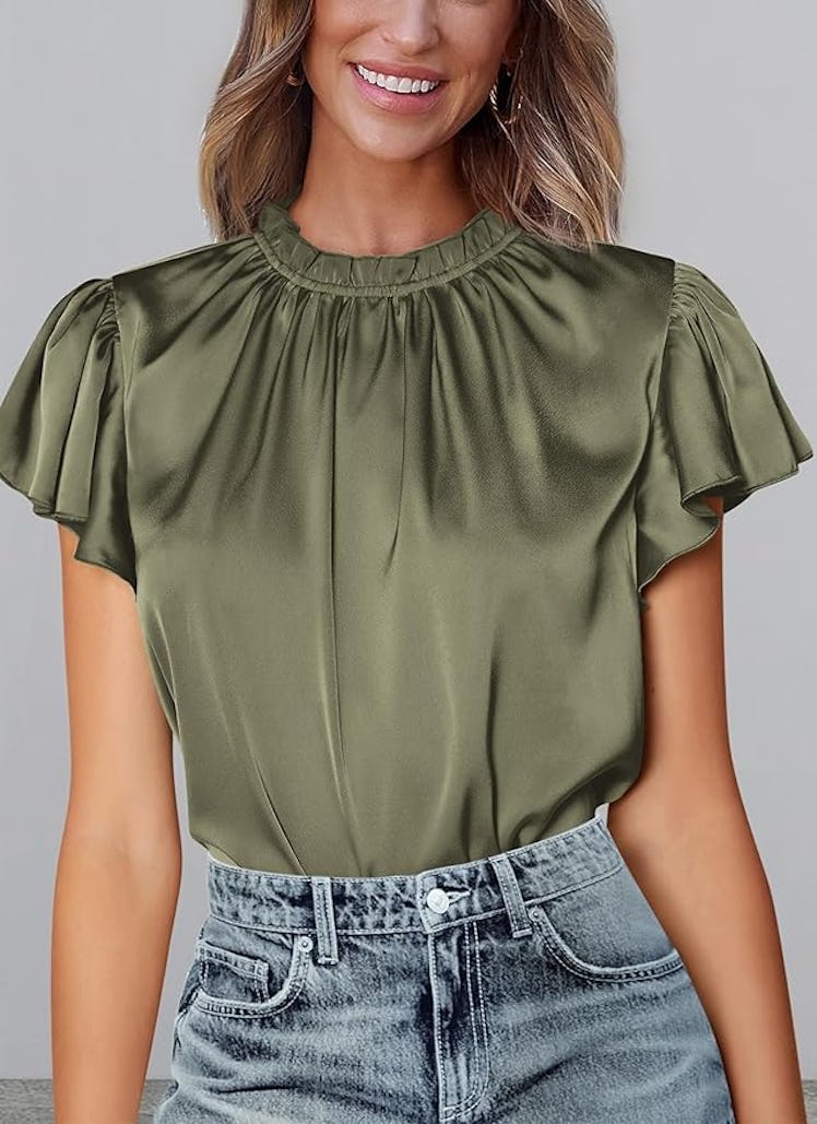 PRETTYGARDEN Ruffle Satin Blouse