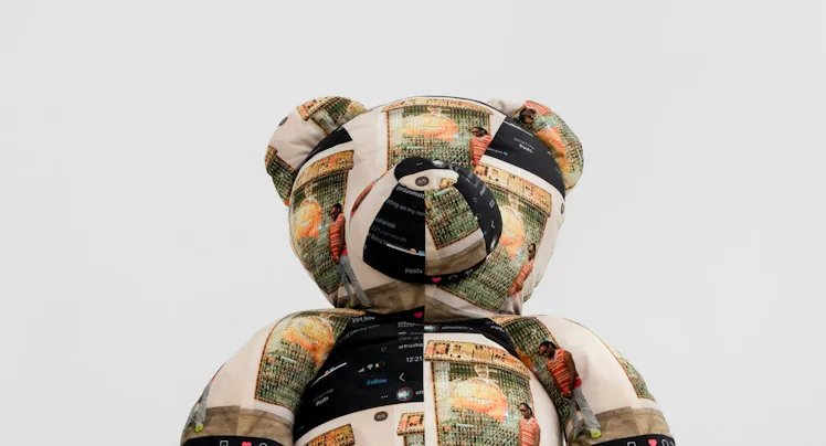 Jan Gatewood, Smoke Signals, 2025. Velvet, Cotton, Walnut birthing chair by Snyder Depass, GHK-Cu Pe...