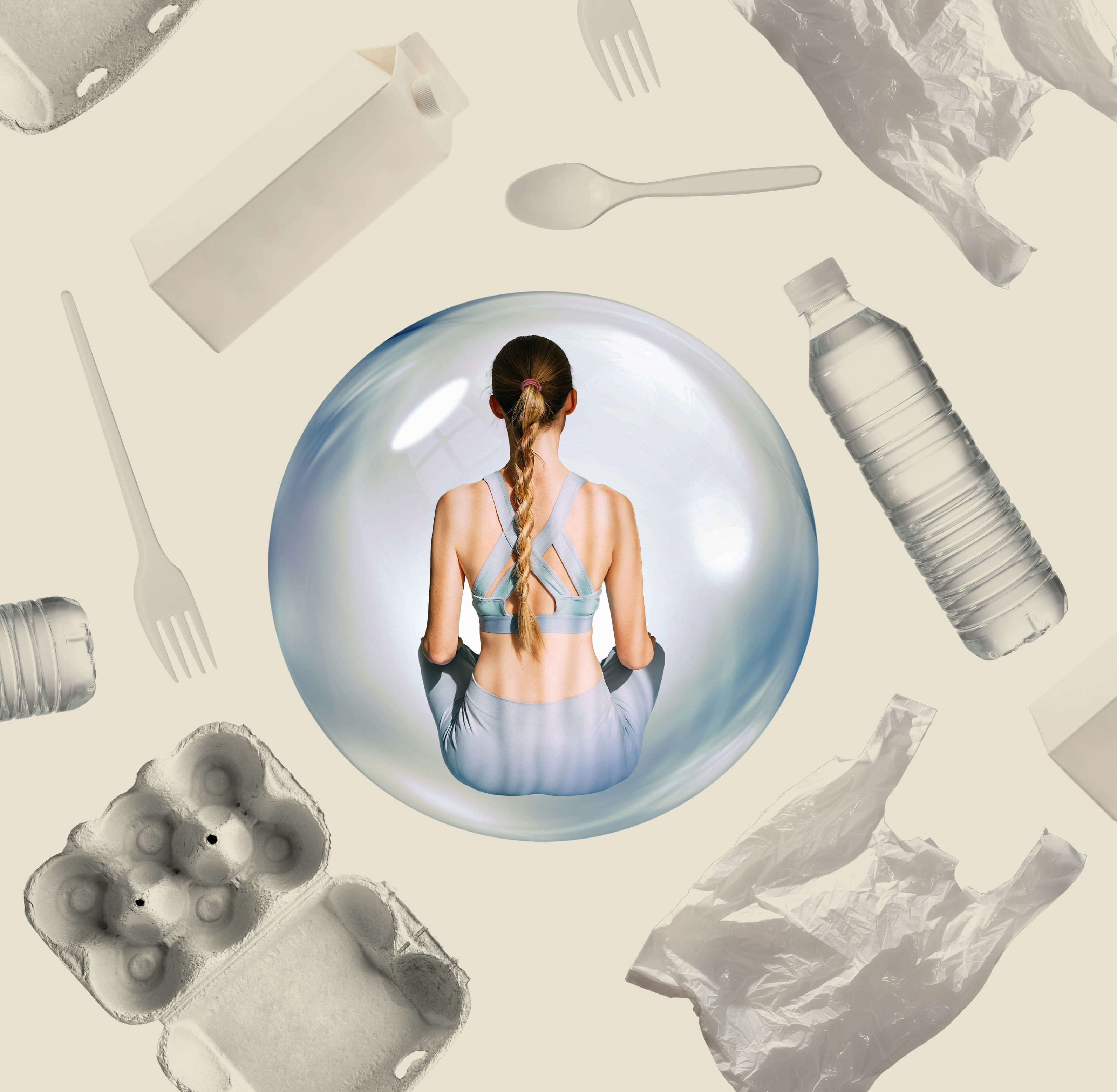 A woman sits inside a bubble. Outside are common plastic items, like disposable water bottles and fo...