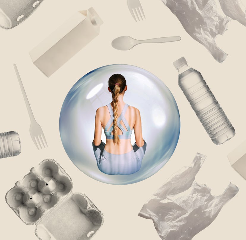 A woman sits inside a bubble. Outside are common plastic items, like disposable water bottles and fo...