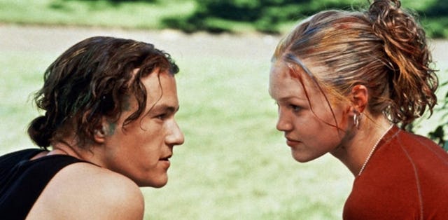 Heath Ledger and Julie Stiles in 10 things I hate about you, which is one of the best sleepover movi...