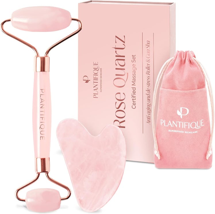 PLANTIFIQUE Rose Quartz Face Roller and Gua Sha