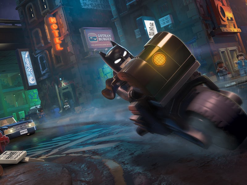 Lego Batman rounds a corner on the streets of Gotham.