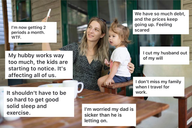 A woman sits outside with a toddler on her lap. Various thought bubbles express personal concerns ab...