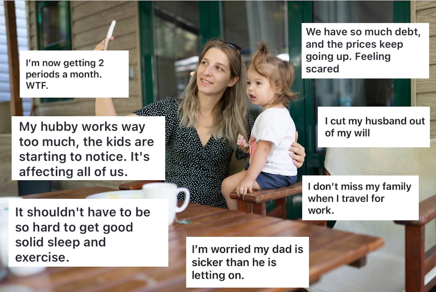 A woman sits outside with a toddler on her lap. Various thought bubbles express personal concerns about family, finances, and health.