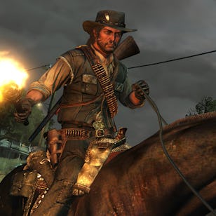 John Marston rides his horse with zombies trailing behind him.